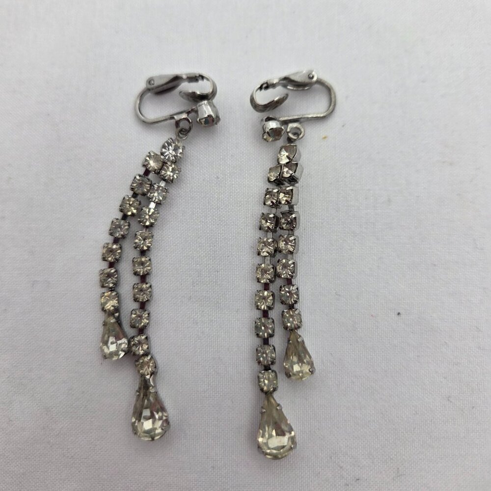 Mid-Century Sparkle: Vintage Rhinestone Waterfall Clip-On Earrings - Picture 1 of 3